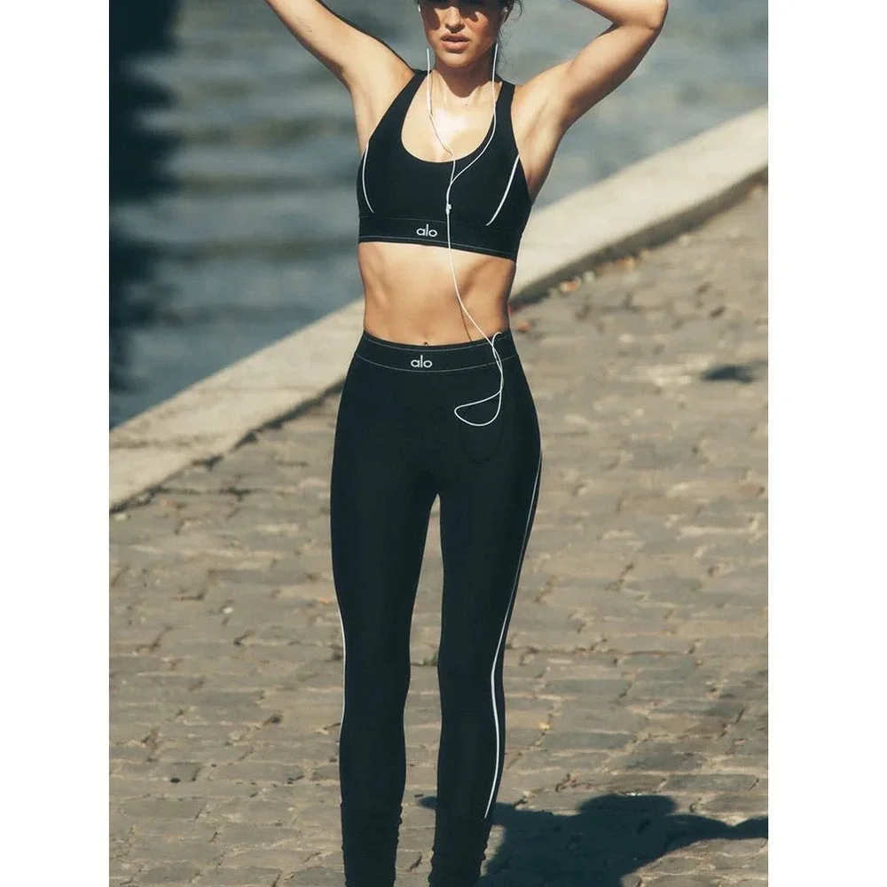 Alo Yoga Airlift Suit Up Set Black White Activewear Bra Leggings‎ - Small